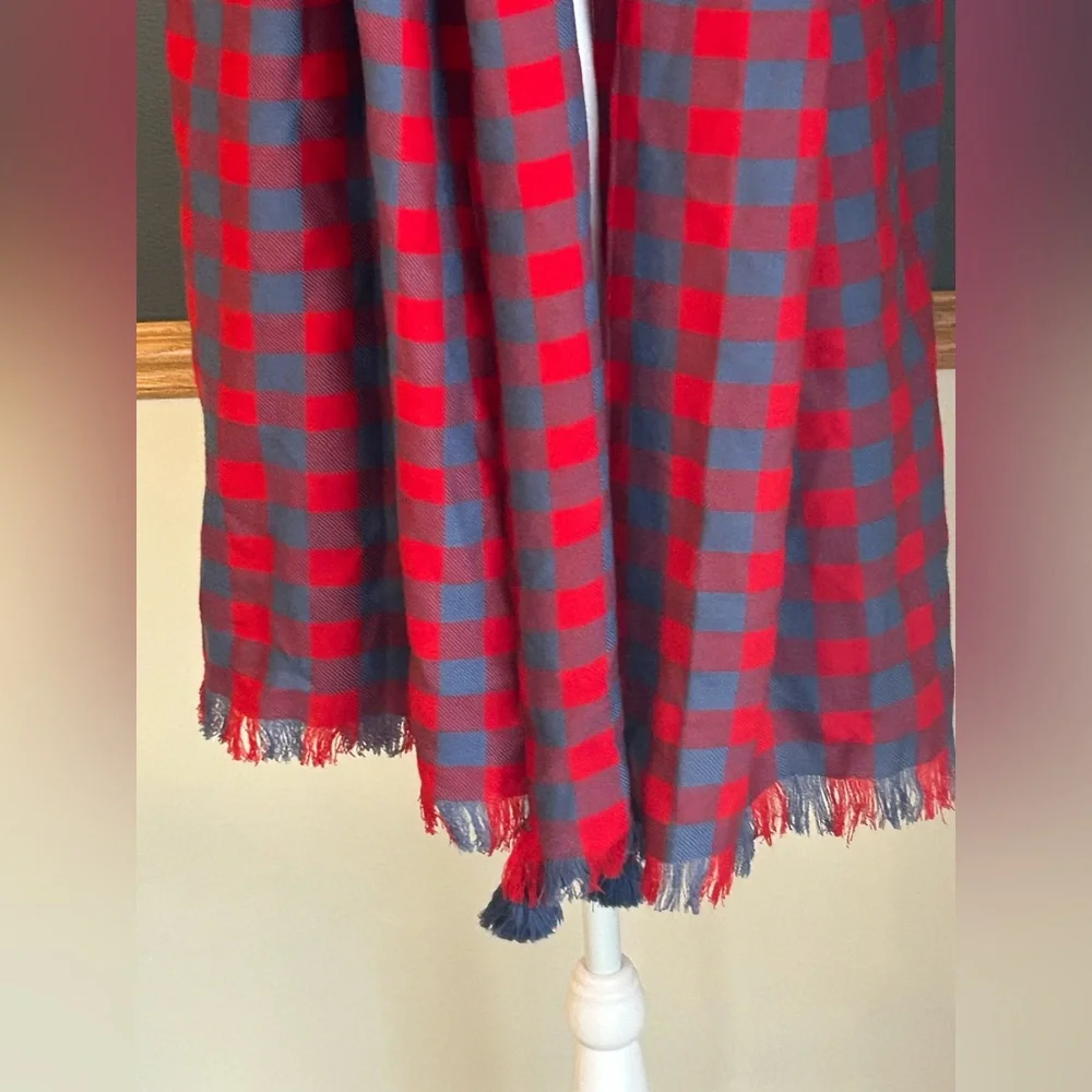 NWT J.Crew Lightweight Wool Blue Red Plaid Scarf Poms 74x27”